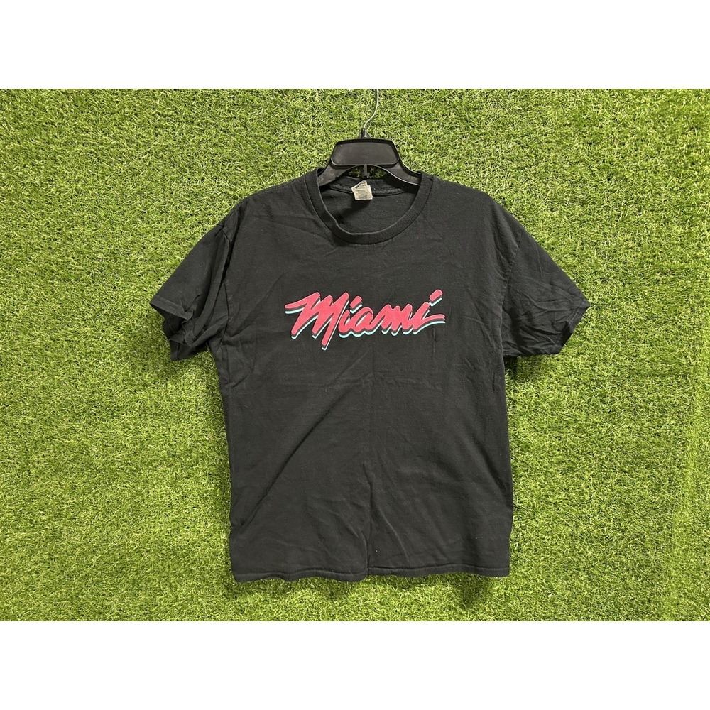 Men's Black Miami Graphic Print Crew Neck Short Sleeve Cotton Jersey Tee L
